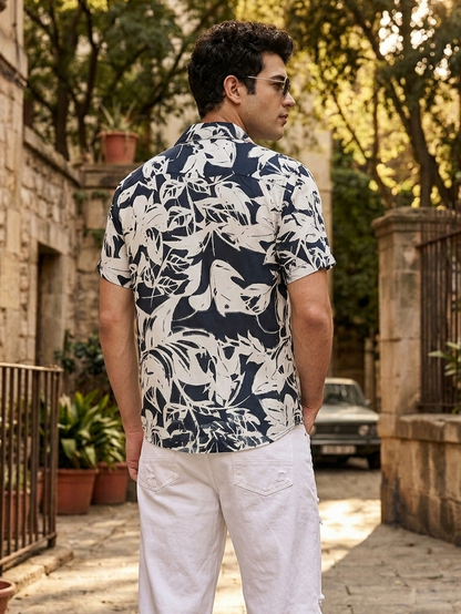 Back view of navy Hawaiian shirt, relaxed fit resort wear for men Moon N Lotus