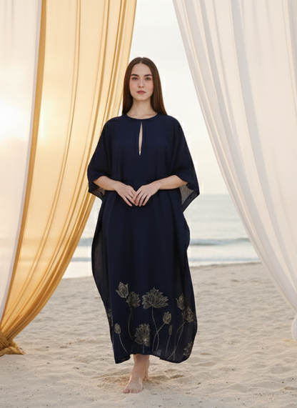 Navy floral kaftan styled for women, elegant resort and festive look Moon N Lotus