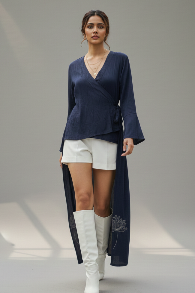 Back view of navy high low kimono wrap in bamboo fabric with floral foil detail Moon N Lotus