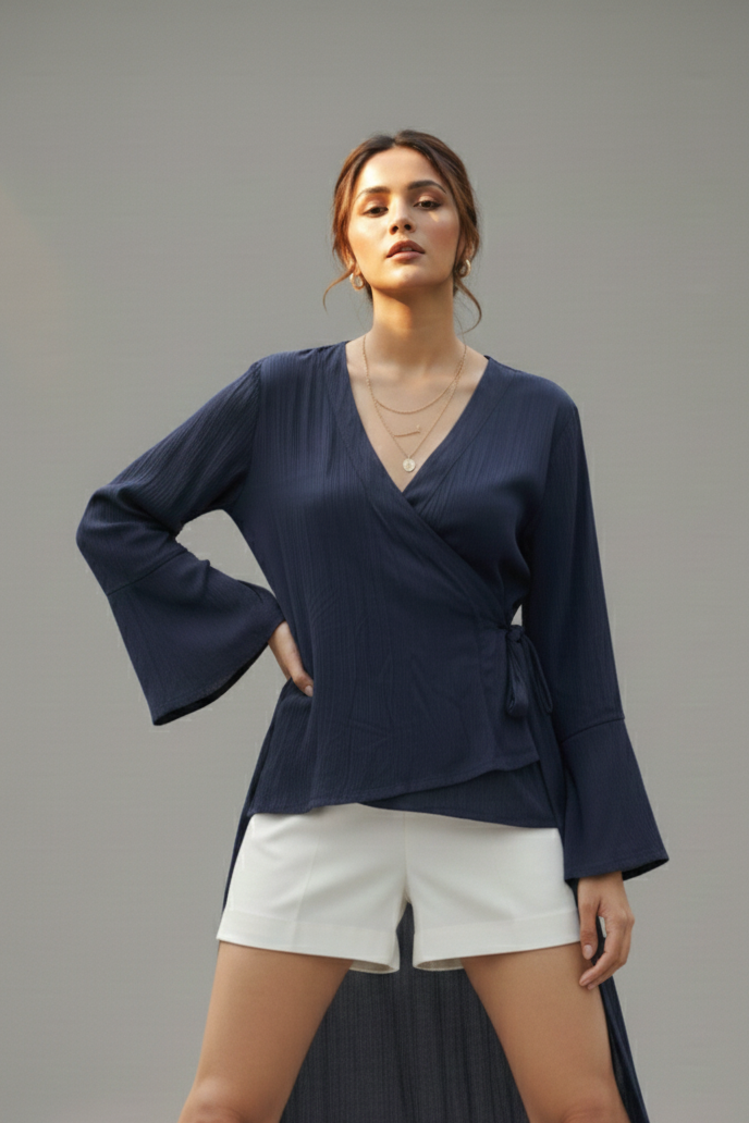 Navy floral foil kimono wrap styled for evening wear, lightweight bamboo fabric Moon N Lotus