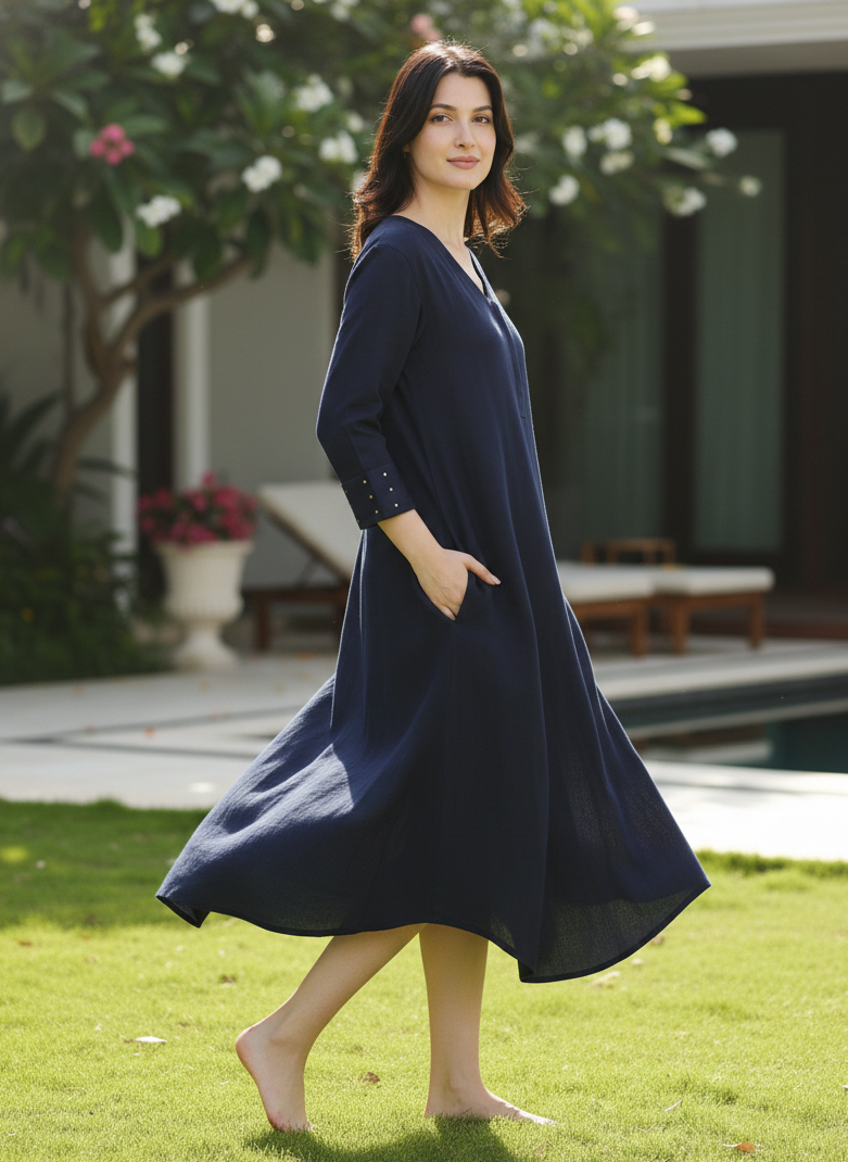 Back view of navy long kurta dress, flowy relaxed fit comfortable wear Moon N Lotus