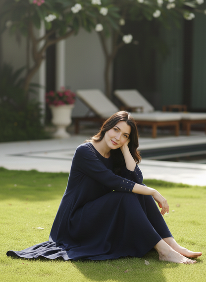 Navy long kurta dress in bamboo fabric by Moon N Lotus, soft breathable lightweight dress for women