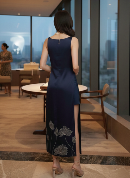Back view of navy loop dress, relaxed silhouette and fluid fit