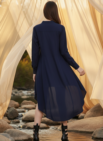 Back view of navy high low shirt in corn fabric, relaxed fit and elegant drape Moon N Lotus