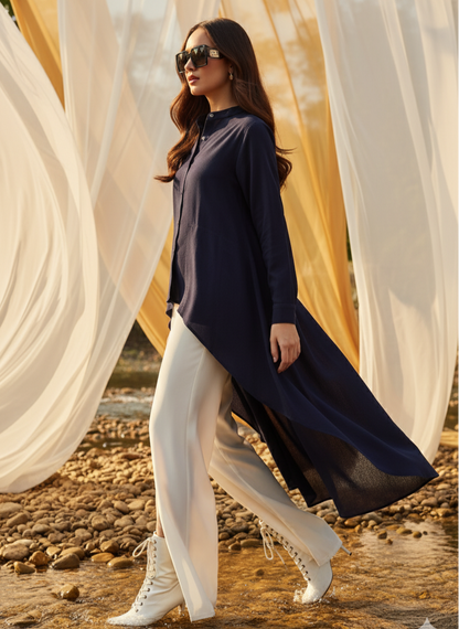 Navy high low shirt styled for casual and elevated wear, lightweight corn fabric Moon N Lotus
