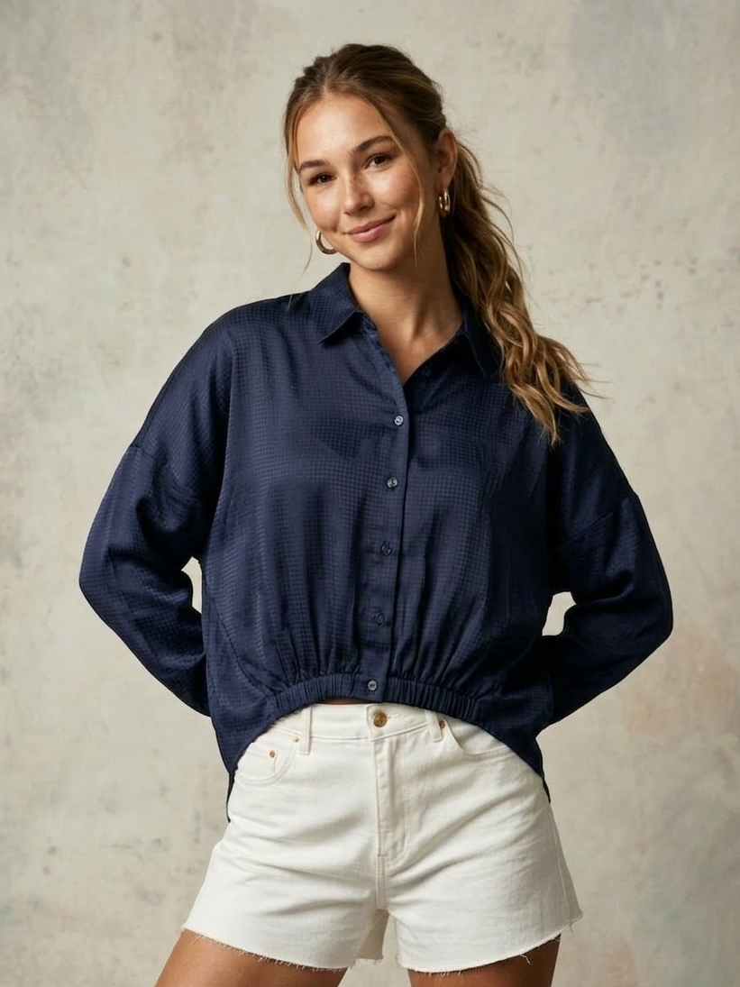 Navy asymmetrical shirt styled for casual and modern wear, lightweight corn fabric Moon N Lotus