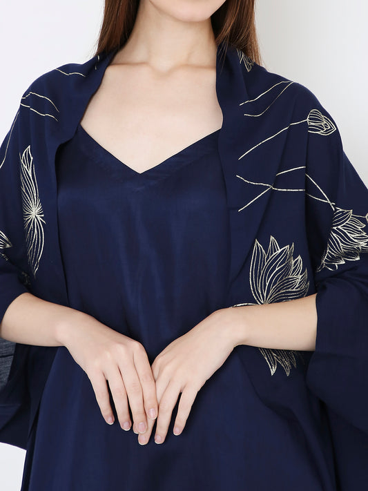 Back view of navy shrug, breathable bamboo fabric lightweight feel Moon N Lotus