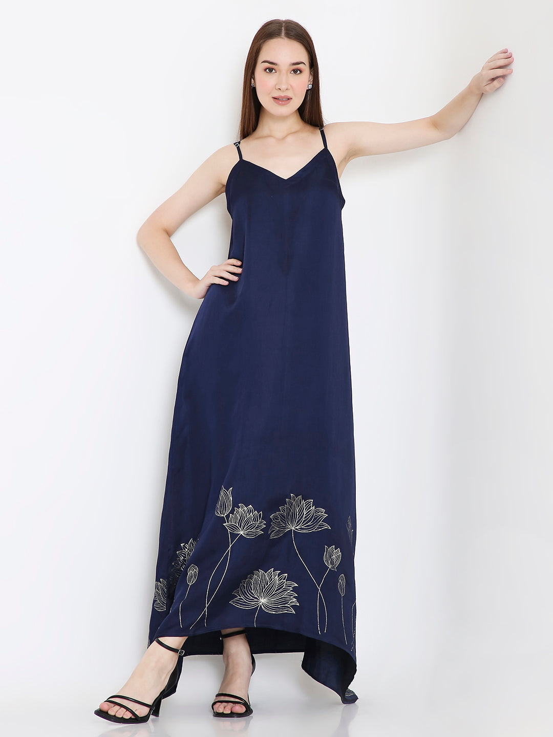 Front view of navy slip dress for women, minimal elegant silhouette Moon N Lotus