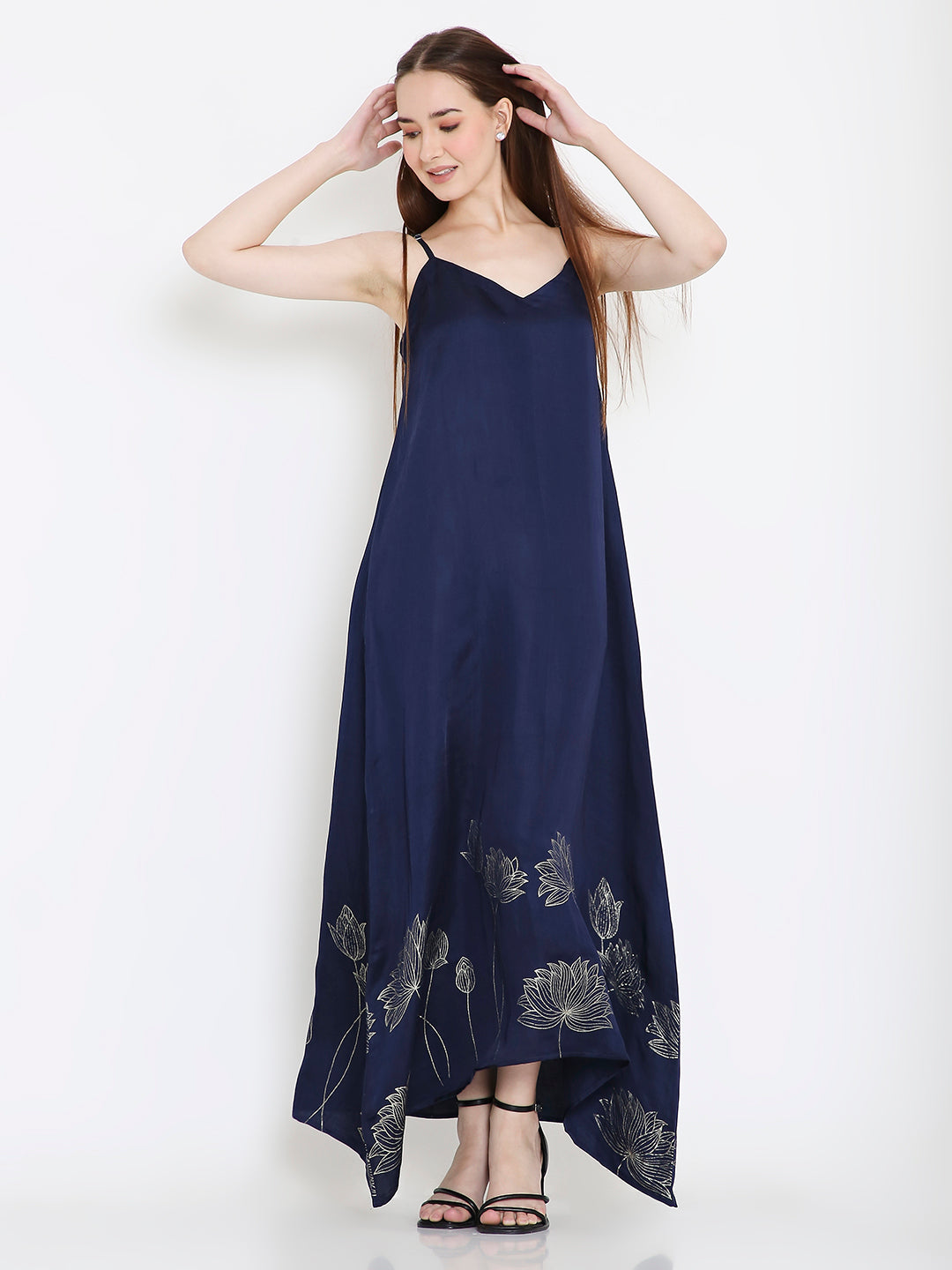 Navy slip dress styled for women, elegant evening and festive outfit Moon N Lotus