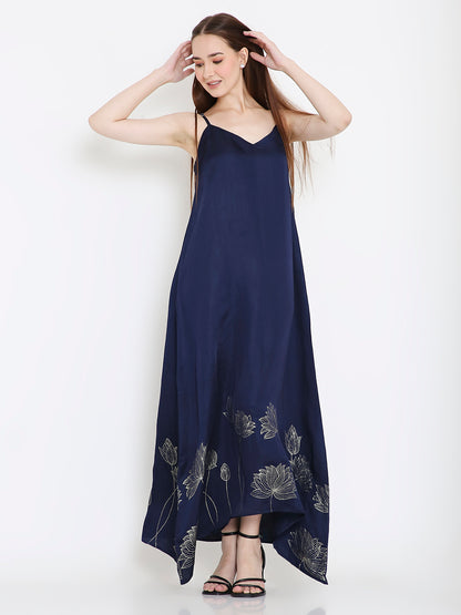 Navy slip dress styled for women, elegant evening and festive outfit Moon N Lotus