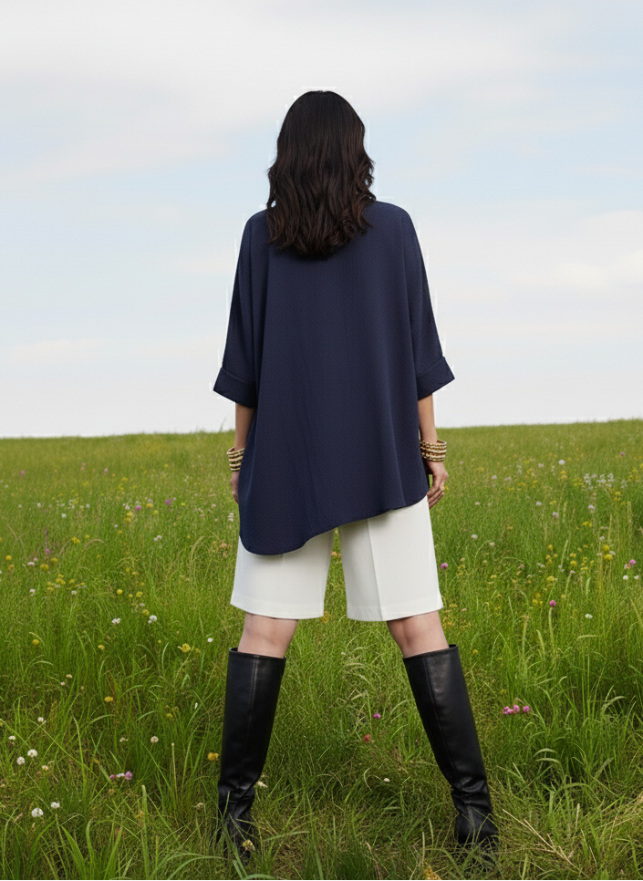 Back view of navy top, breathable corn fabric lightweight feel Moon N Lotus
