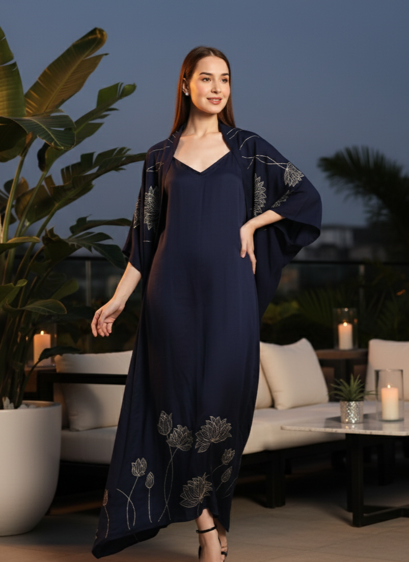 Navy zero waste shrug for women in bamboo fabric, lightweight breathable sustainable layering piece Moon N Lotus