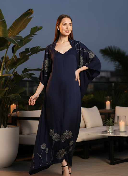 Navy zero waste shrug for women in bamboo fabric, lightweight breathable sustainable layering piece Moon N Lotus