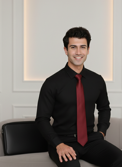 Close-up of orange fabric on black slim fit shirt, breathable premium material Moon N Lotus
