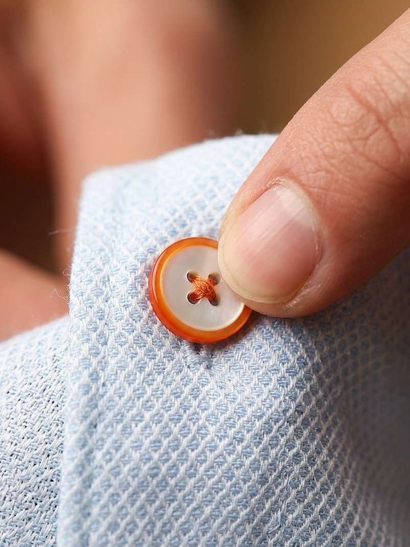 Close-up of orange fabric on blue slim fit shirt, breathable premium material Moon N Lotus