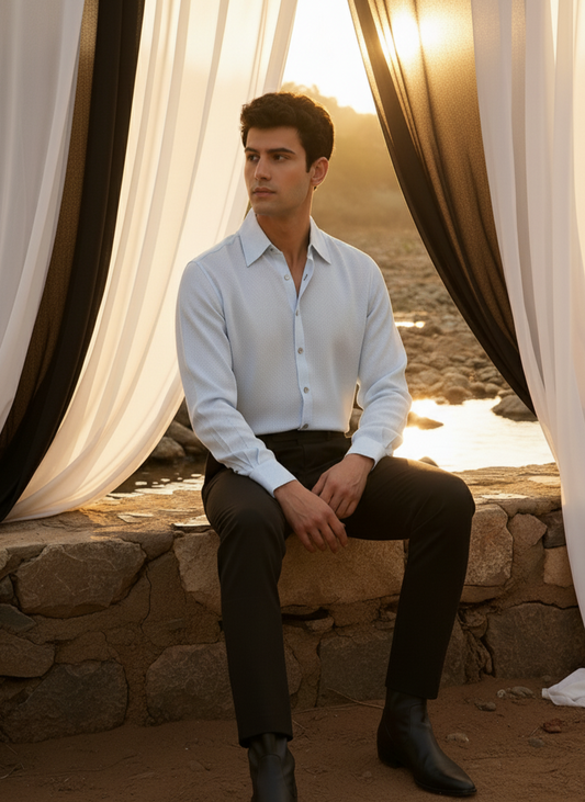 Close-up of orange fabric on blue shirt, premium breathable design Moon N Lotus