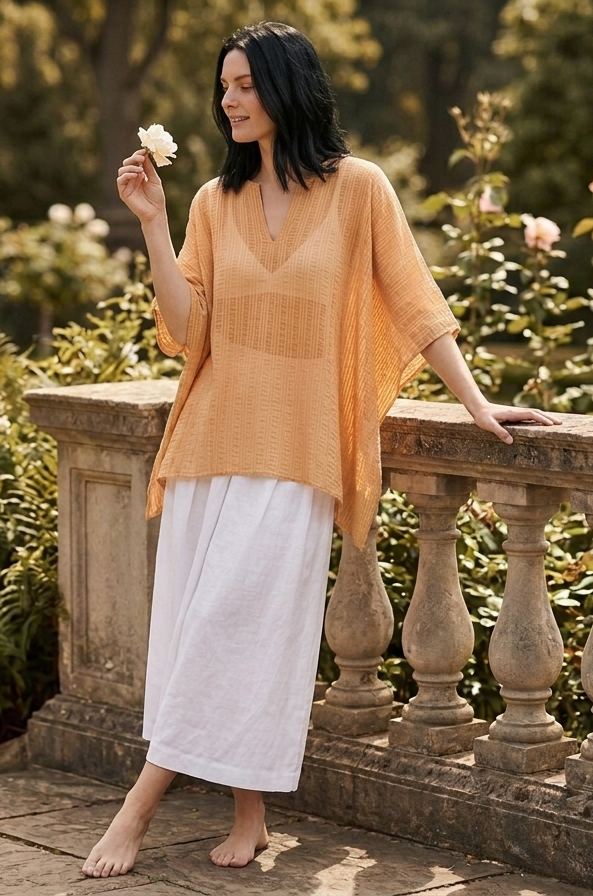 Orange short kaftan in bamboo fabric by Moon N Lotus, lightweight breathable resort wear for women
