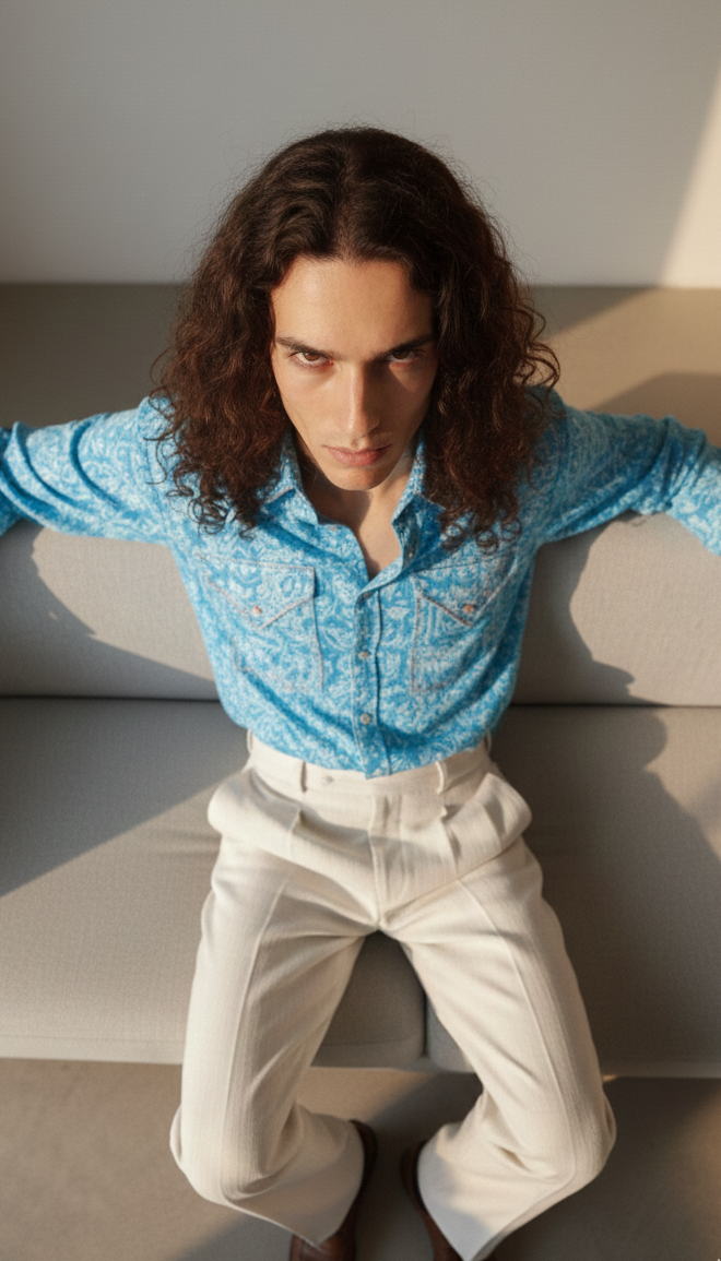 Back view of floral oversized hemp shirt for men, breathable and fluid design Moon N Lotus