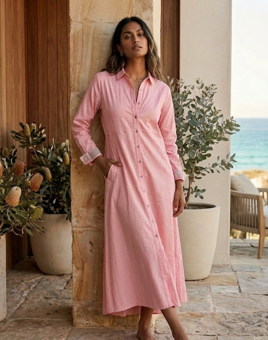 Pink buttondown shirt dress in corn fabric by Moon N Lotus, lightweight breathable sustainable dress for women