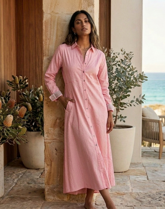 Pink buttondown shirt dress in corn fabric by Moon N Lotus, lightweight breathable sustainable dress for women