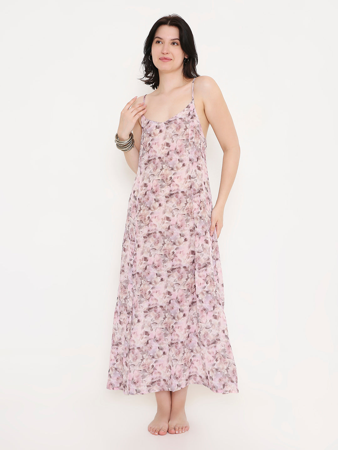 Back view of pink printed slit dress, flowy relaxed fit summer wear Moon N Lotus