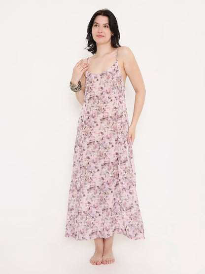 Back view of pink printed slit dress, flowy relaxed fit summer wear Moon N Lotus