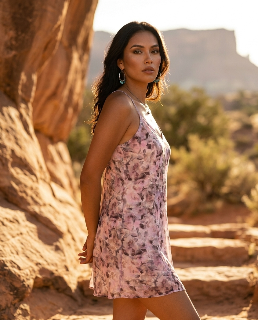 Back view of pink printed mini dress, relaxed fit comfortable summer wear Moon N Lotus
