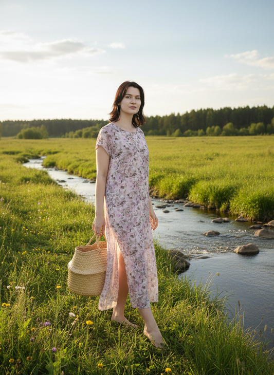 Pink floral long summer dress on orange fabric by Moon N Lotus, lightweight breathable flowy silhouette
