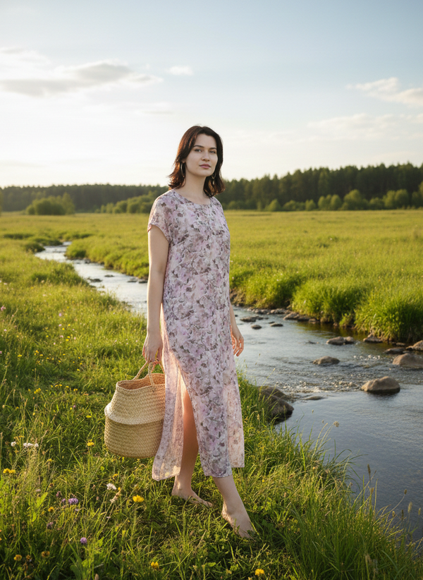 Pink Floral Long Summer dress | Orange fabric | Moon N Lotus