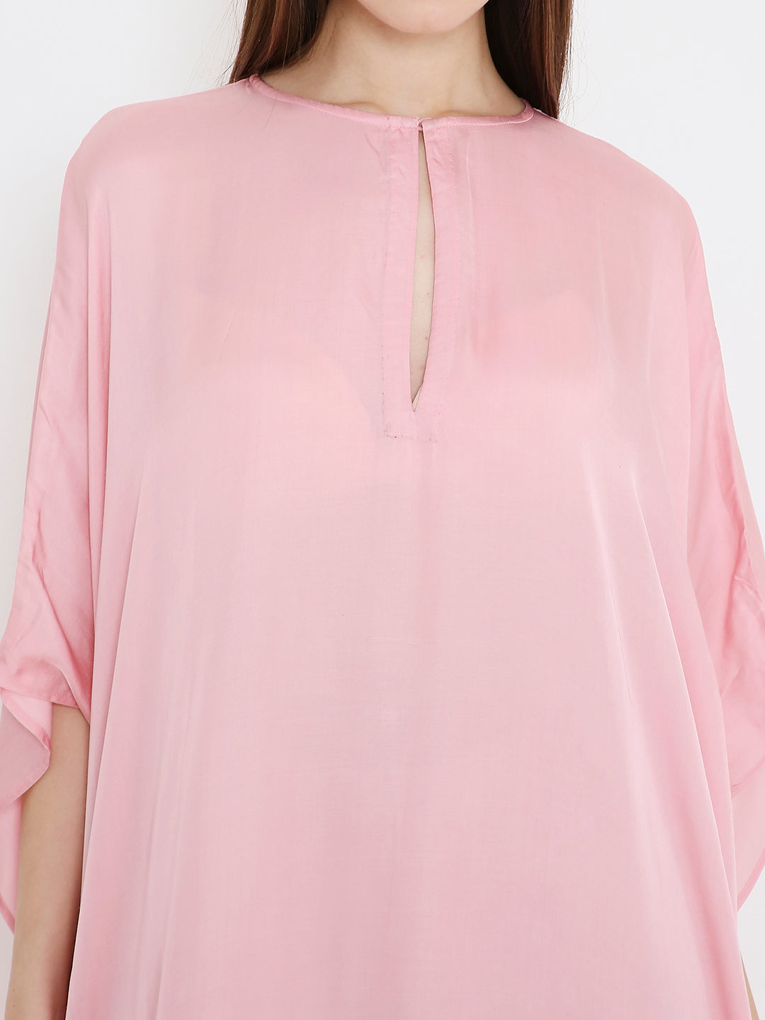 Front view of pink kaftan for women, flowy relaxed silhouette Moon N Lotus