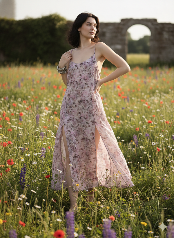 Pink Printed 4 slit Dress | Orange Fabric | Moon N Lotus