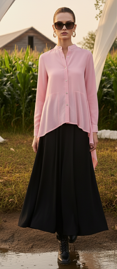 Back view of pink high low shirt in corn fabric, relaxed fit and elegant drape Moon N Lotus