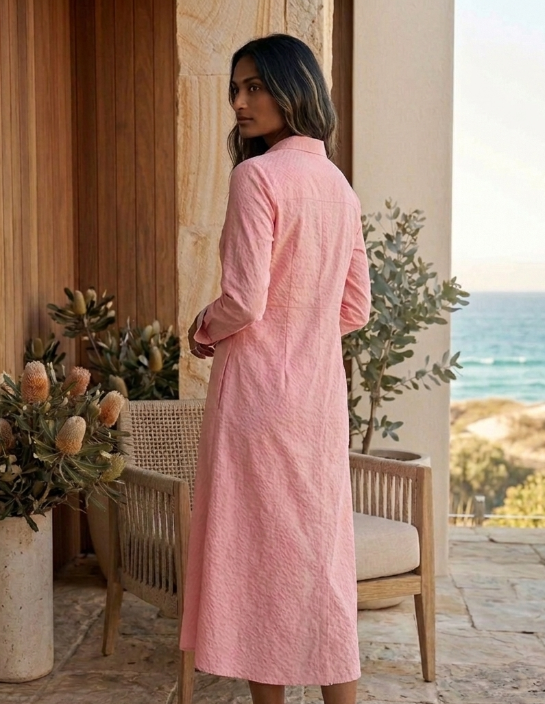 Back view of pink shirt dress, relaxed fit comfortable everyday wear Moon N Lotus