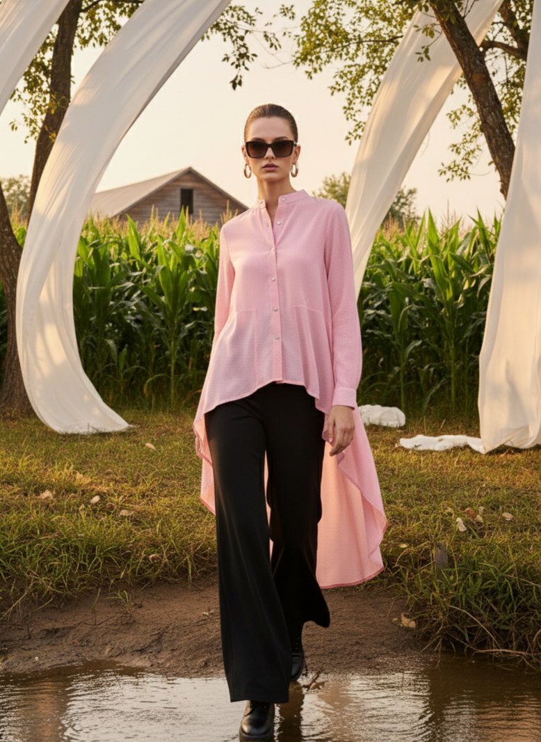 Pink high low shirt styled for casual and everyday wear, lightweight corn fabric Moon N Lotus