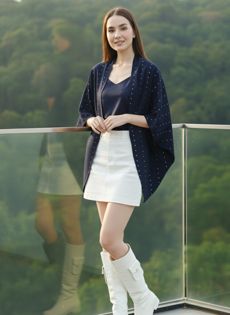 Plain side of navy reversible shrug, minimal modern layering piece Moon N Lotus