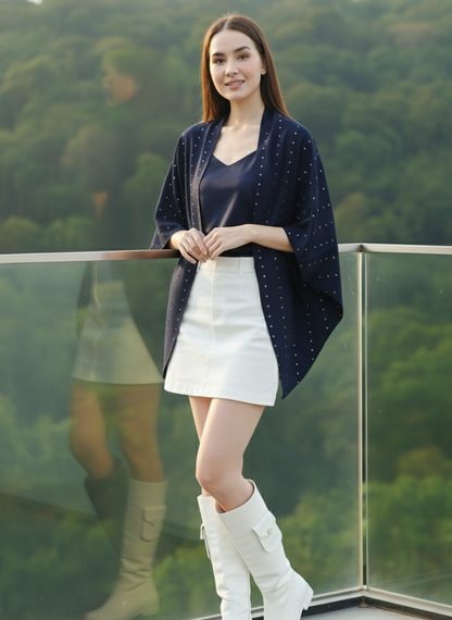 Plain side of navy reversible shrug, minimal modern layering piece Moon N Lotus