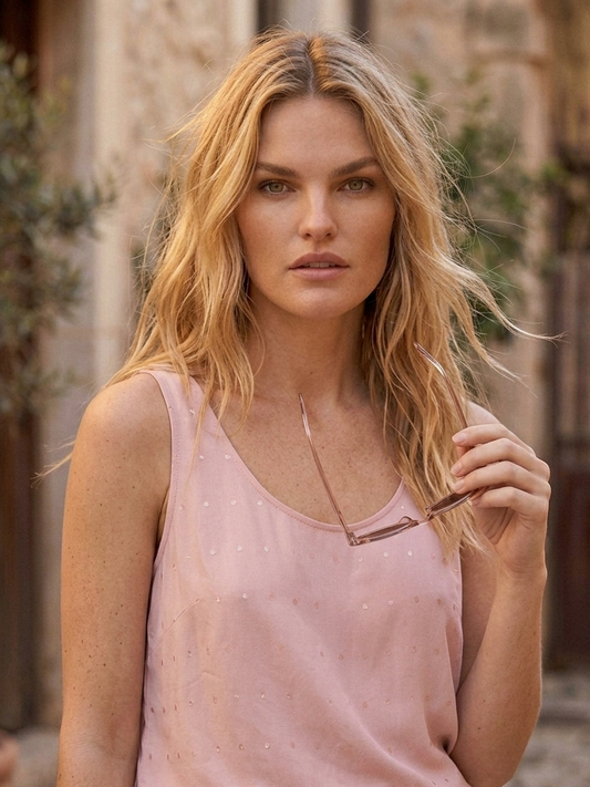 Close-up of polka dot print on pink camisole, soft feminine design Moon N Lotus