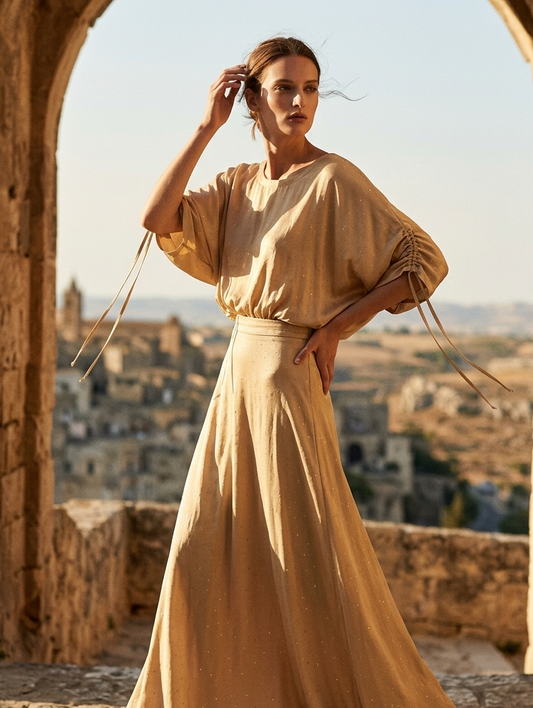 Close-up of polka print on gold circle top in rose fabric, breathable lightweight design Moon N Lotus