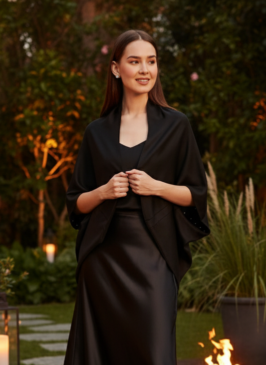 Polka side detail of reversible black shrug, stylish dual design Moon N Lotus