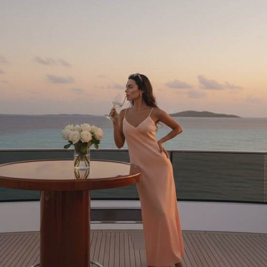 Sky slip dress styled for summer and resort wear, lightweight rose fabric Moon N Lotus