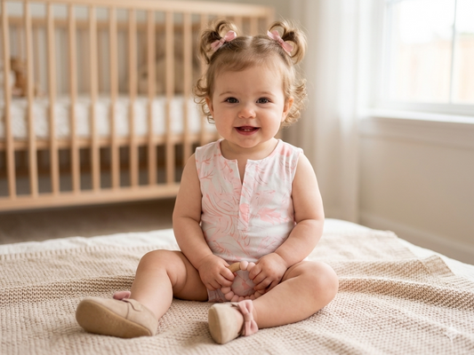 Close-up of pink and grey print on baby playsuit, soft gentle detailing Moon N Lotus
