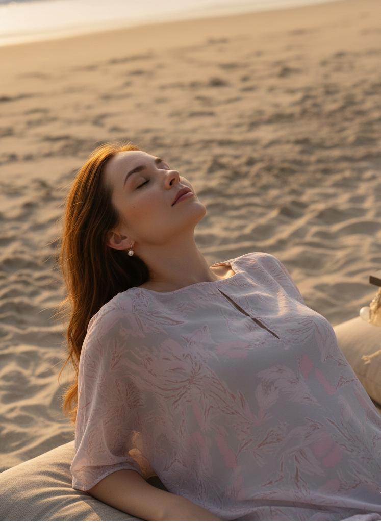 Close-up of pink and grey print on orange Hawaiian kaftan, soft artistic detailing Moon N Lotus