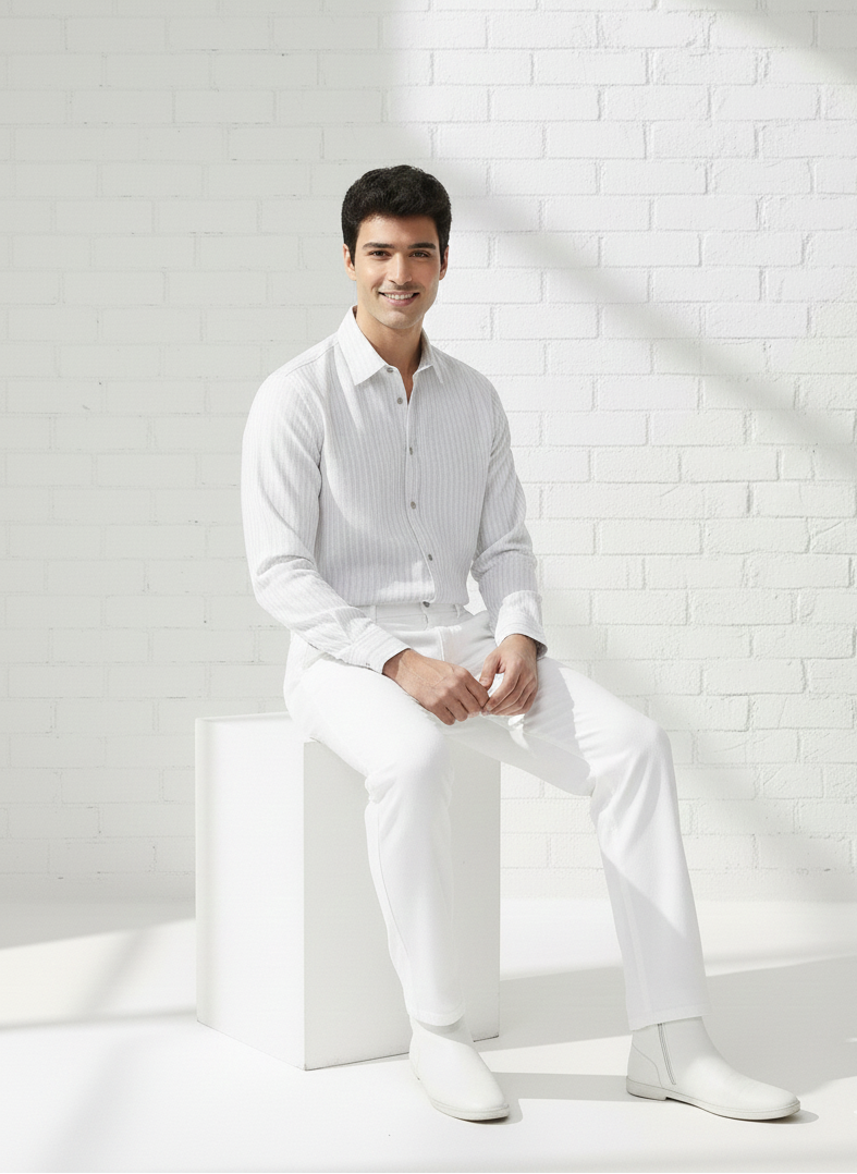 Moon N Lotus eco friendly striped printed shirt in breathable cotton hemp fabric, lightweight sustainable menswear