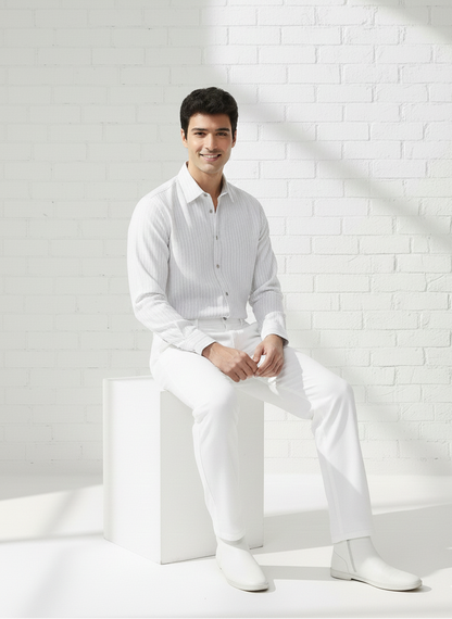 Moon N Lotus eco friendly striped printed shirt in breathable cotton hemp fabric, lightweight sustainable menswear