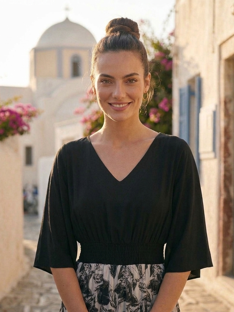 Close-up of black and grey print on orange kimono dress, artistic detailing Moon N Lotus