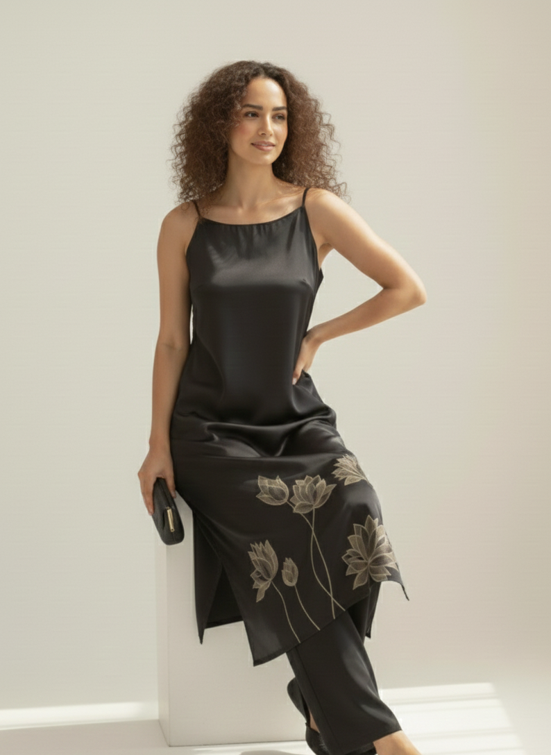 Rose fabric detail in black loop dress, soft sustainable material Moon N Lotus