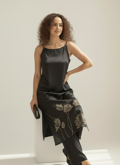 Rose fabric detail in black loop dress, soft sustainable material Moon N Lotus
