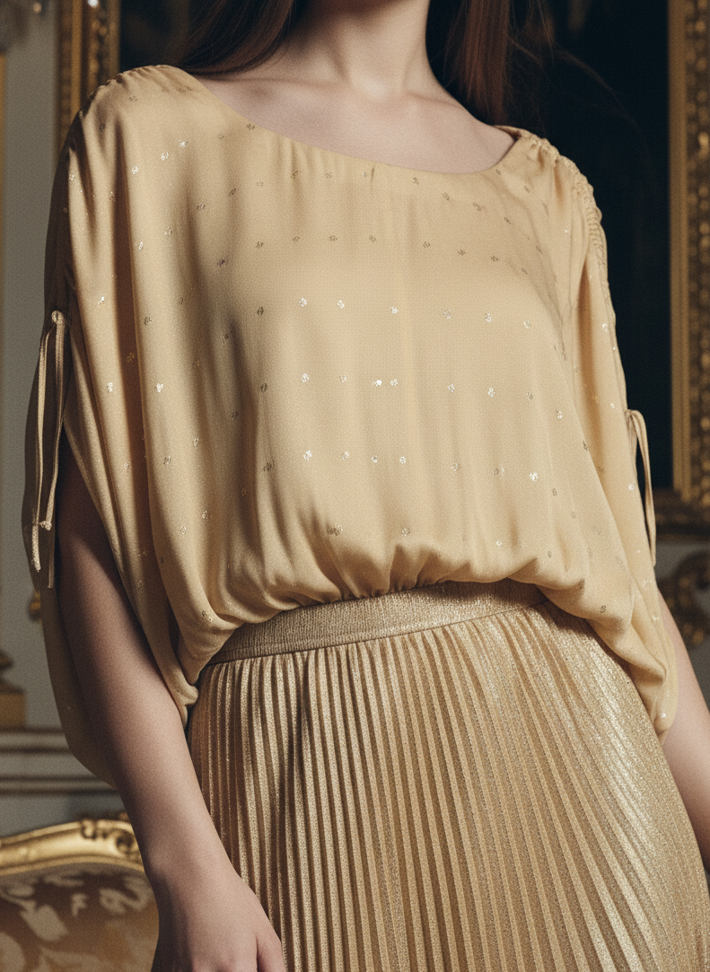 Rose fabric texture detail on gold polka top, breathable and soft feel Moon N Lotus