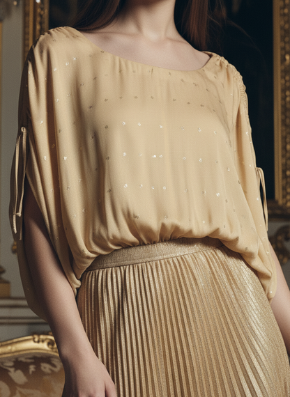 Rose fabric texture detail on gold polka top, breathable and soft feel Moon N Lotus