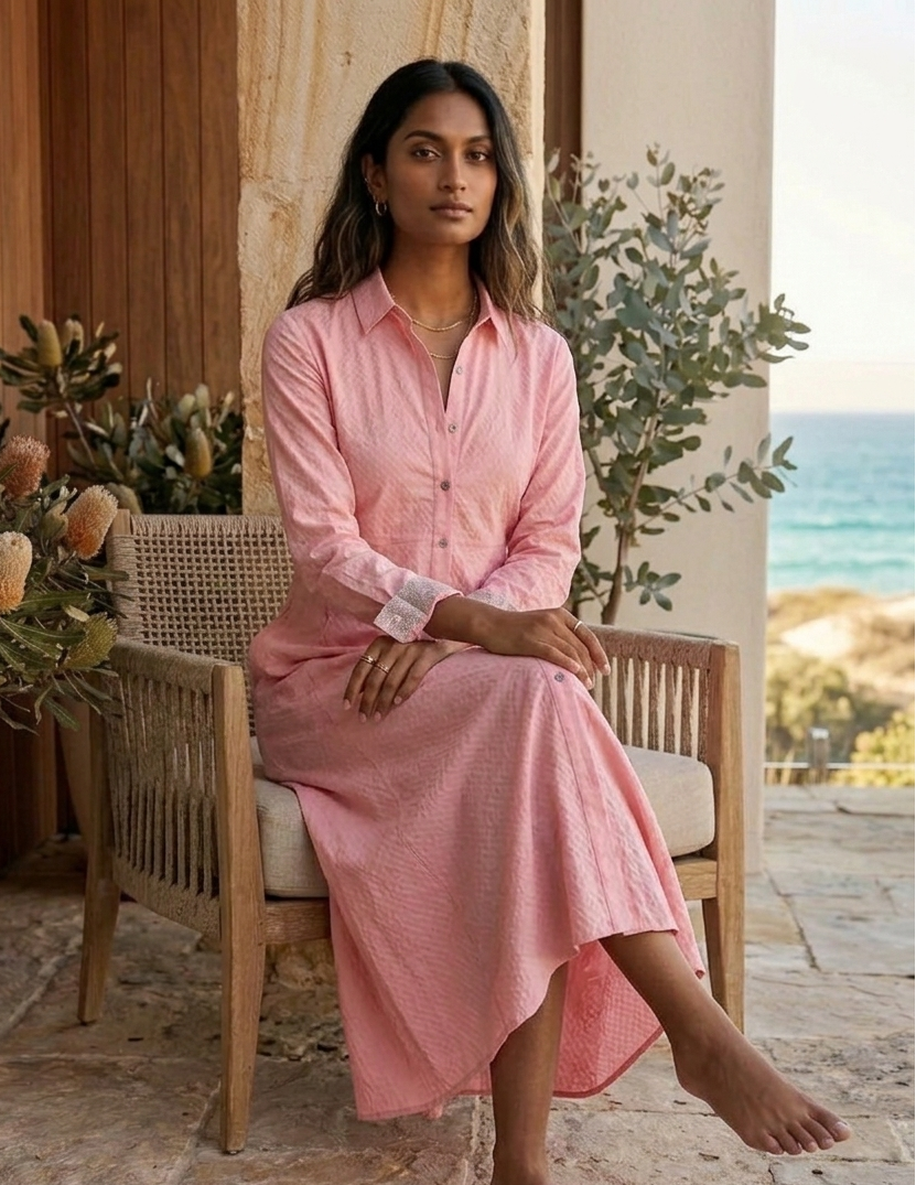 Close-up of pink buttondown shirt dress, clean structured design Moon N Lotus